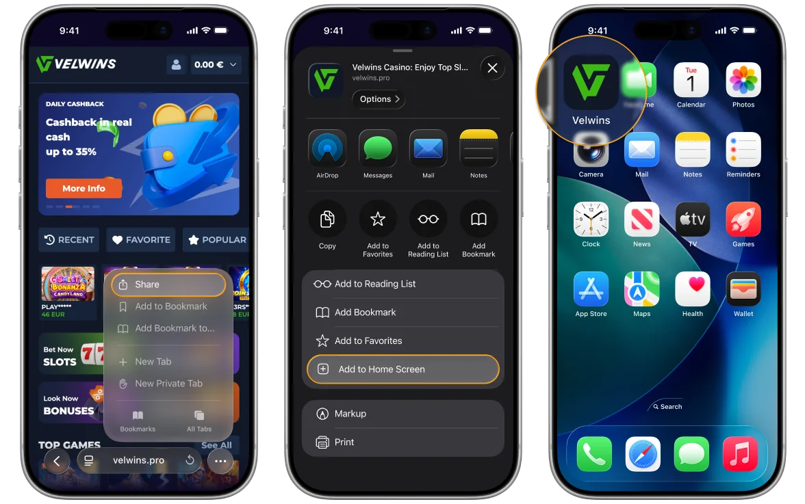 Velwins Casino App-schermafbeelding